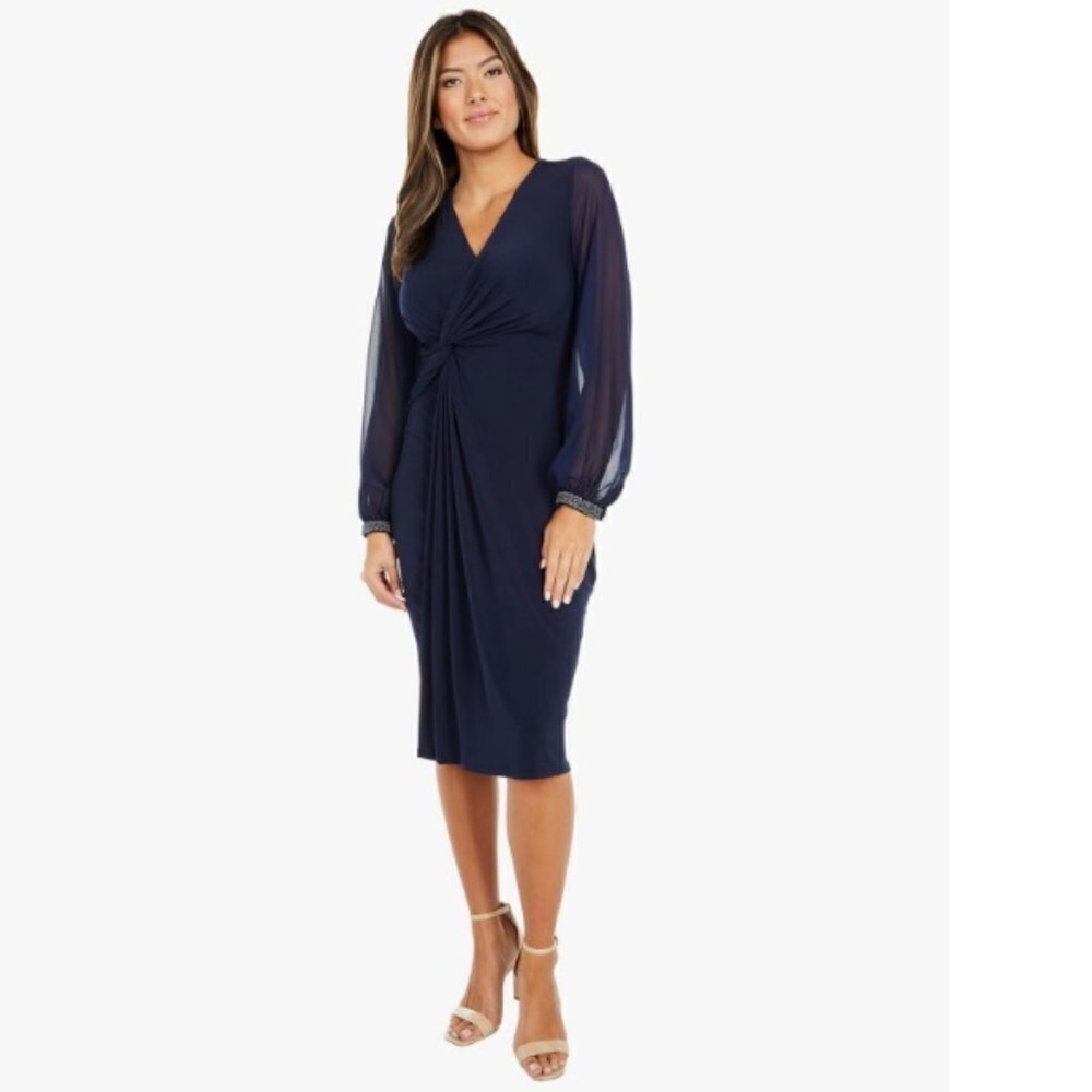 London Times Women's Solid Sheath Chiffon Sleeve Beaded Cuffs Dress